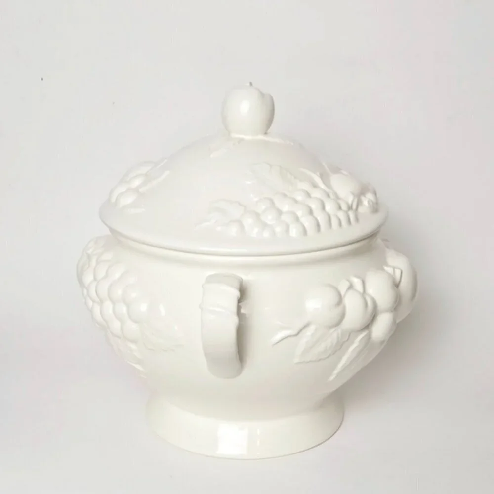 Vintage Signature Japan White Ceramic Soup Tureen Lid Ladle MCM Serving Bowl